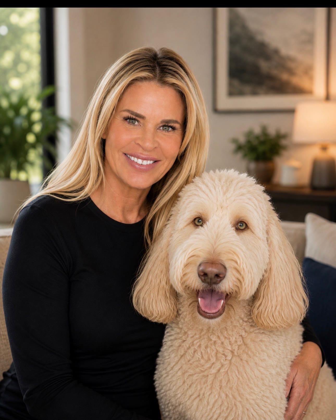 Dr. Stephanie Reynolds at home with her goldendoodle